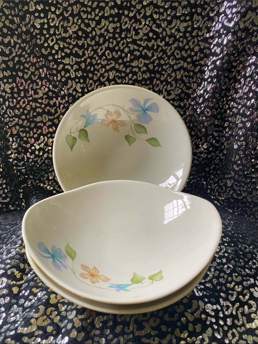 Floral Vine Ceramic Serving Bowls - White with Pastel Floral Design